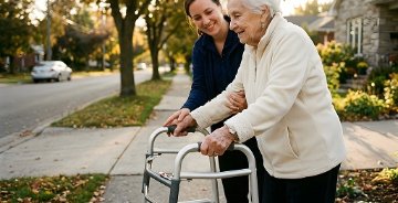 Young female caregiver helping happy elderly senior woman walk with walker outdoors in suburban neighborhood