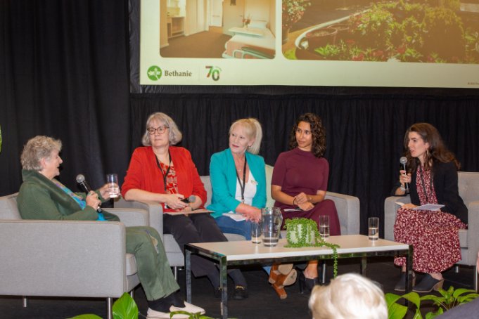 Panel discussion at Bethanie event, featuring five female experts sharing insights on personalised care and built form design.